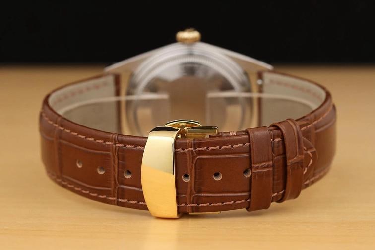 ROLEX DATEJUST 1601 14K GOLD STEEL SILVER DIAMOND WATCH w/ BROWN LEATHER BAND - 6