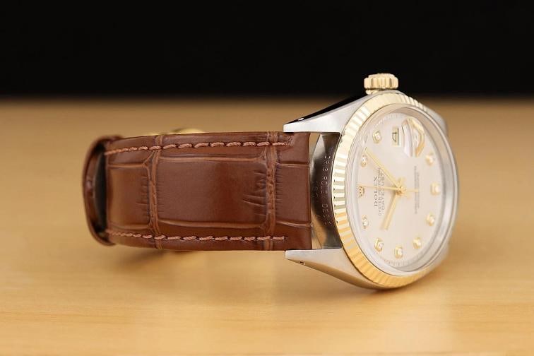 ROLEX DATEJUST 1601 14K GOLD STEEL SILVER DIAMOND WATCH w/ BROWN LEATHER BAND - 7