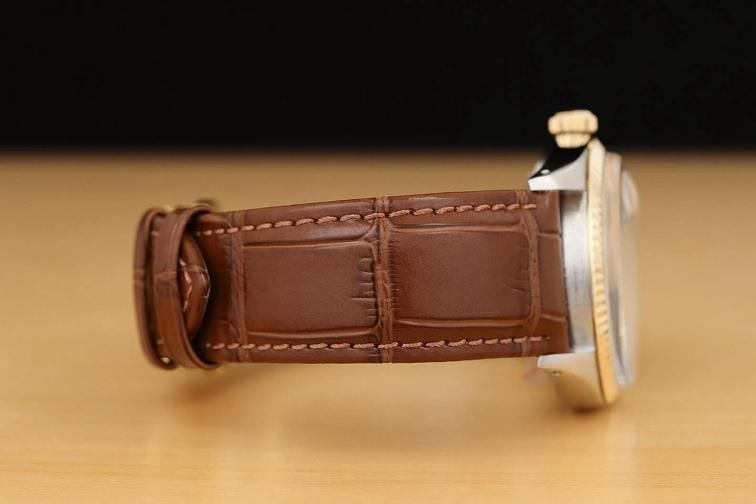 ROLEX DATEJUST 1601 14K GOLD STEEL SILVER DIAMOND WATCH w/ BROWN LEATHER BAND - 8
