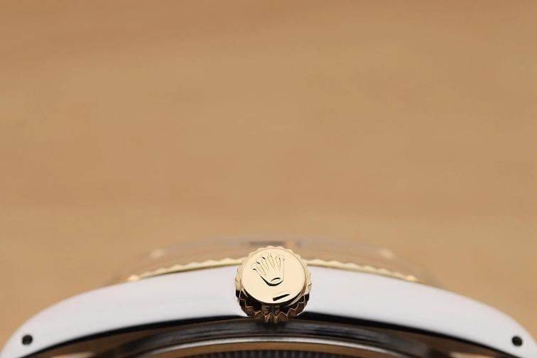 ROLEX DATEJUST 1601 14K GOLD STEEL SILVER DIAMOND WATCH w/ BROWN LEATHER BAND - 9