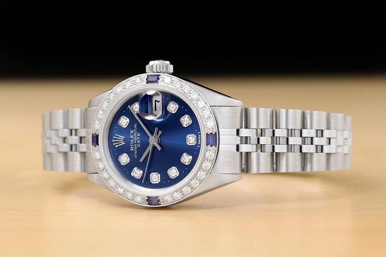 LADIES ROLEX DATE 6917 DIAMOND SAPPHIRE 18K WHITE GOLD STEEL BLUE DIAL WATCH - 2