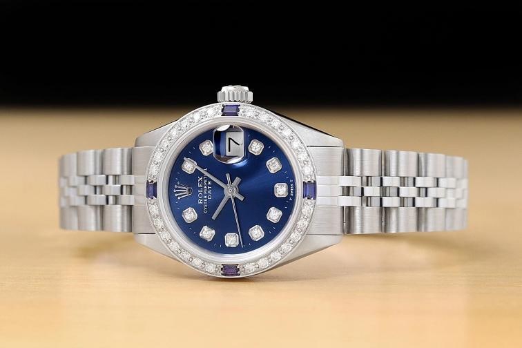 LADIES ROLEX DATE 6917 DIAMOND SAPPHIRE 18K WHITE GOLD STEEL BLUE DIAL WATCH - 3