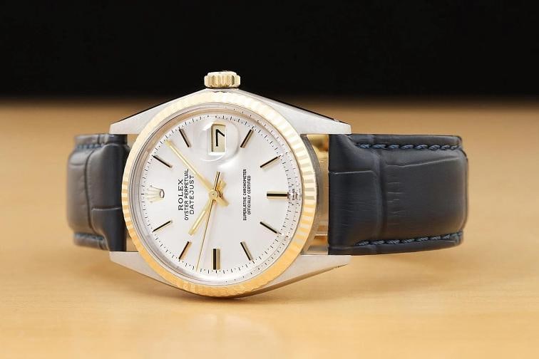 ROLEX DATEJUST 1601 SILVER 14K YELLOW GOLD STEEL BLUE LEATHER BAND WATCH - 2