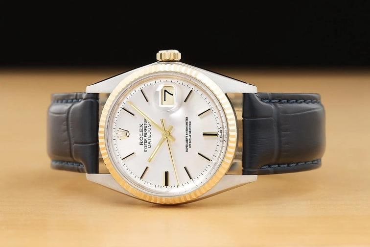 ROLEX DATEJUST 1601 SILVER 14K YELLOW GOLD STEEL BLUE LEATHER BAND WATCH - 3
