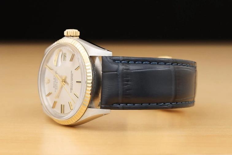 ROLEX DATEJUST 1601 SILVER 14K YELLOW GOLD STEEL BLUE LEATHER BAND WATCH - 4