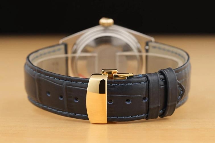 ROLEX DATEJUST 1601 SILVER 14K YELLOW GOLD STEEL BLUE LEATHER BAND WATCH - 6