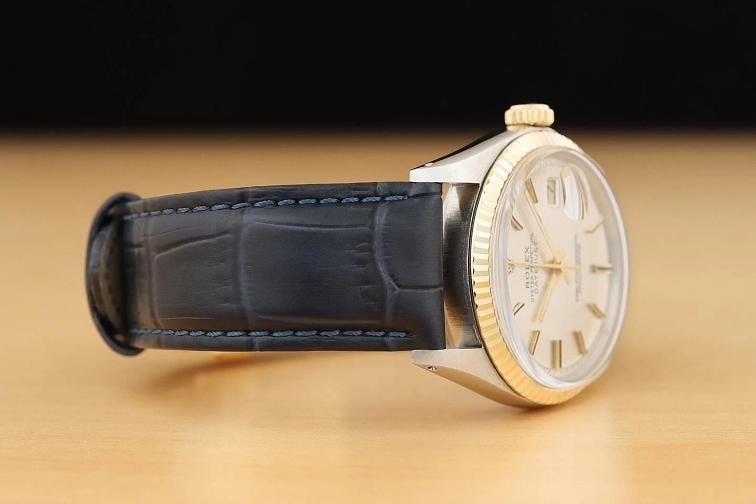 ROLEX DATEJUST 1601 SILVER 14K YELLOW GOLD STEEL BLUE LEATHER BAND WATCH - 7