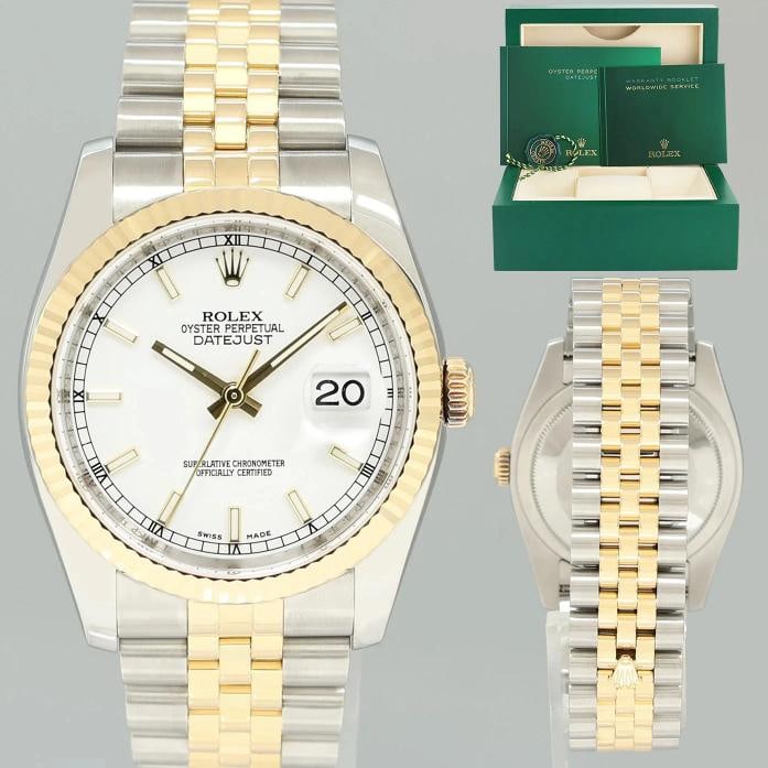 2010 MINT Rolex DateJust 116233 Jubilee Two Tone Gold Steel White Stick 36mm: Case & Dial Case Material: Rolex Two-Tone Yellow Gold & Stainless Steel Case Size: 36mm Bezel: Rolex Yellow Gold Fluted Crystal: Rolex Sapphire Dial: Rolex White Stick Movement & Bracelet Movement: Ro