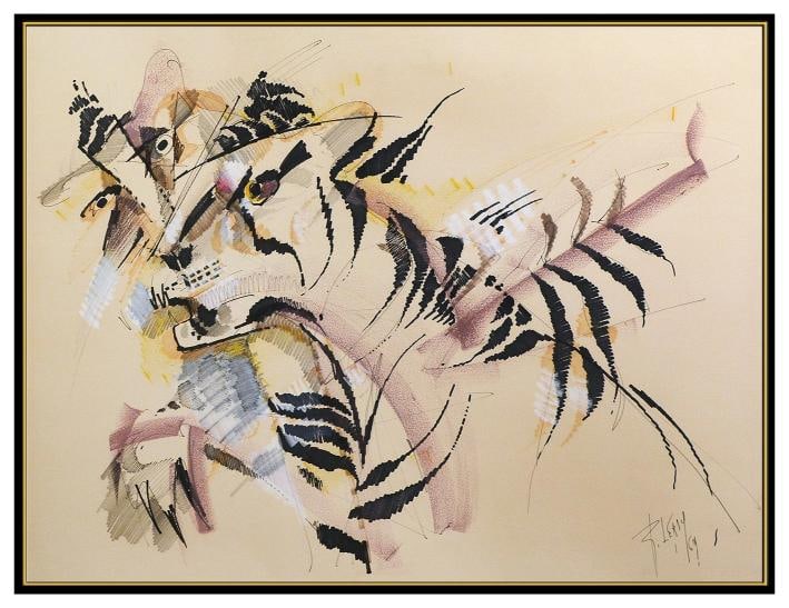 Roger Lersy Original Ink Pastel Painting Tiger Abstract Animal Signed Framed Art - 2
