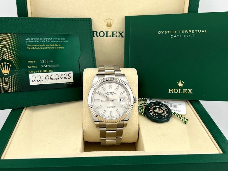 2025 Rolex Datejust 41 126334 41mm Silver Dial 18k White Gold Steel Box Paper: Condition: Pre-owned - Excellent,Bezel Color: Silver,Year Manufactured: 2025,Band/Strap: Rolex Oyster,Case Color: Silver,Department: Men,Bezel Type: Fluted,Watch Shape: Round,Style: Casual, Classic, D