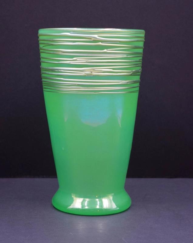 Steuben Green Jade with Aurene Threading, Large Art Glass Vase, Circa 1920: Measures 10" high by 5 7/8" wide.