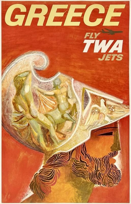 Original Vintage Poster GREECE FLY TWA JETS Airline Travel Tourism Klein LINEN: Dimensions: 25.2 x 39.8 in. / 64 x 101 cm.; Circa: 1960s Original vintage "GREECE - FLY TWA JETS JETS" airline travel poster, plate signed by its artist, DAVID KLEIN, and printed circa 1960s.