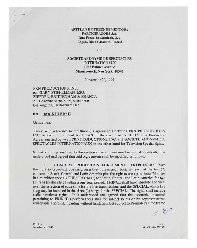 Prince Signed 8.5x11 1991 Rock In Rio II Concert Festival Contract JSA #ZZ41328 - 2