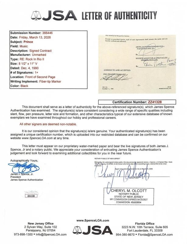 Prince Signed 8.5x11 1991 Rock In Rio II Concert Festival Contract JSA #ZZ41328 - 6