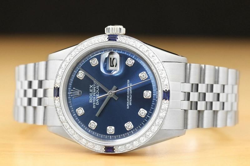 MENS ROLEX DATEJUST 18K WHITE GOLD SAPPHIRE DIAMOND & STAINLESS STEEL BLUE WATCH - 3