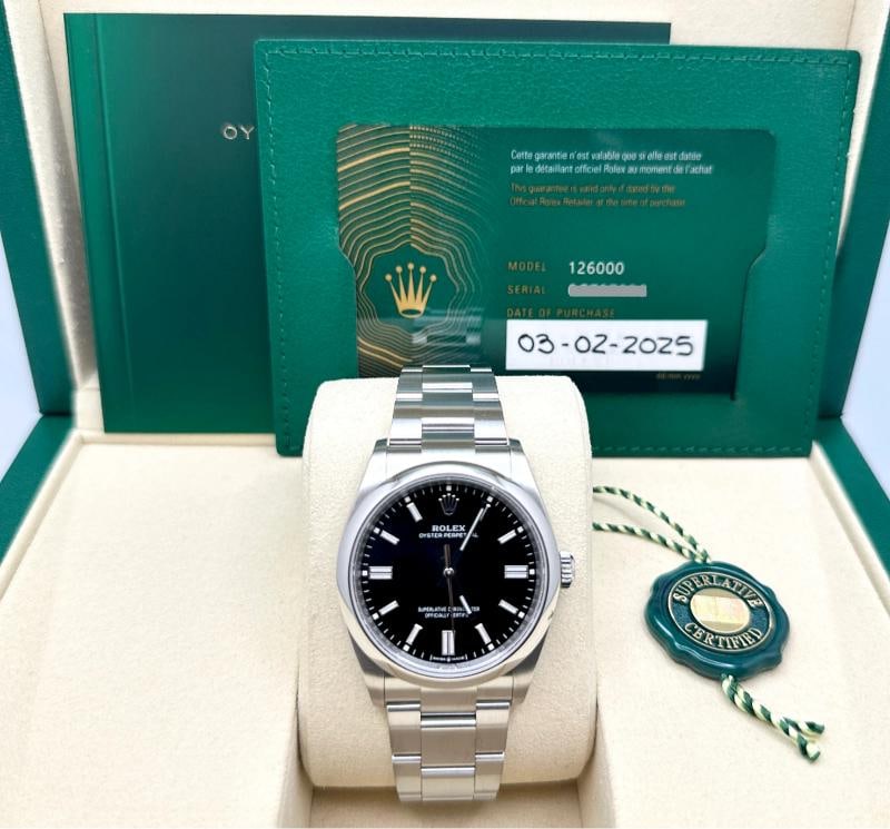 2025 Rolex Oyster Perpetual 126000 36mm Black Dial Stainless Steel Box Papers: Condition: Pre-owned - Excellent,Bezel Color: Silver,Year Manufactured: 2025,Band/Strap: Rolex Oyster,Case Color: Silver,Department: Men,Bezel Type: Smooth,Manufacturer Warranty: 5 Years,Watch Shape: