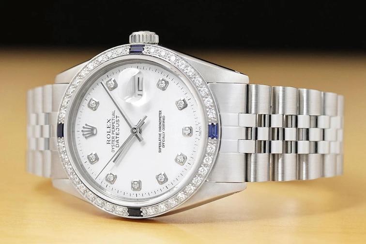 ROLEX MENS DATEJUST WHITE DIAL 18K WHITE GOLD STEEL DIAMOND SAPPHIRE WATCH - 2