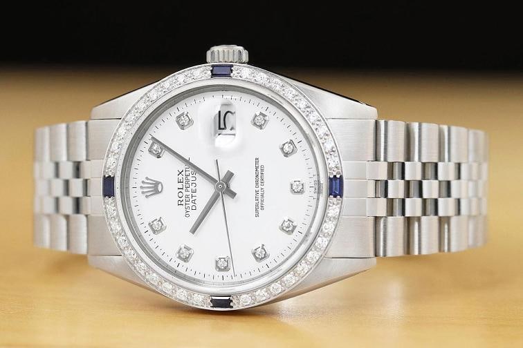 ROLEX MENS DATEJUST WHITE DIAL 18K WHITE GOLD STEEL DIAMOND SAPPHIRE WATCH - 3