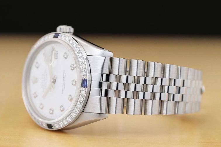 ROLEX MENS DATEJUST WHITE DIAL 18K WHITE GOLD STEEL DIAMOND SAPPHIRE WATCH - 4