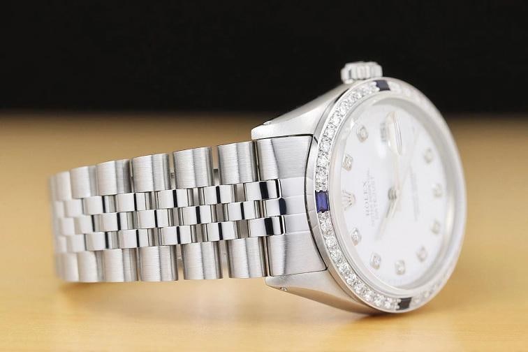 ROLEX MENS DATEJUST WHITE DIAL 18K WHITE GOLD STEEL DIAMOND SAPPHIRE WATCH - 6