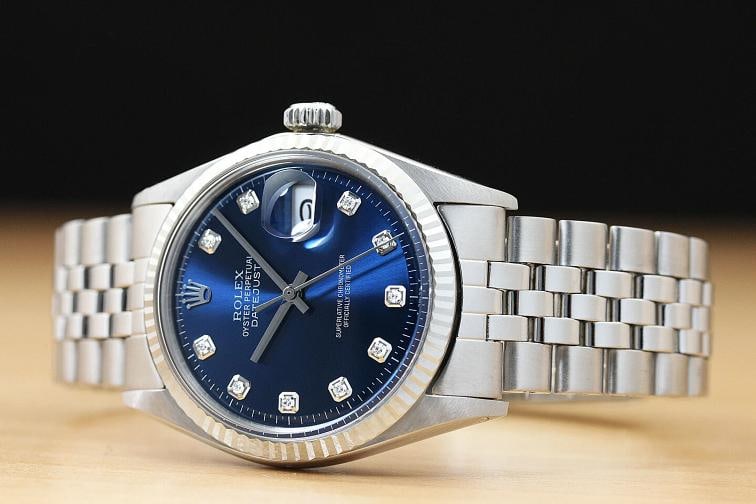 ROLEX MENS DATEJUST 1601 BLUE DIAMOND 18K WHITE GOLD STAINLESS STEEL WATCH - 2
