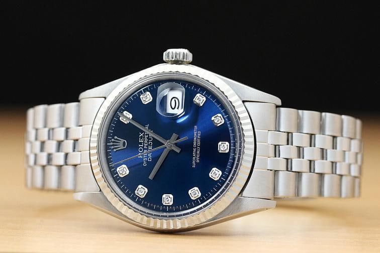 ROLEX MENS DATEJUST 1601 BLUE DIAMOND 18K WHITE GOLD STAINLESS STEEL WATCH - 3
