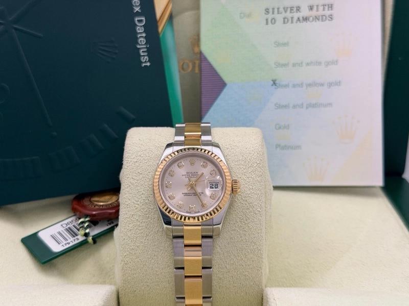 Rolex Ladies Datejust 179173 26mm Silver Diamond Dial 18k Gold Steel Box Paper - 11