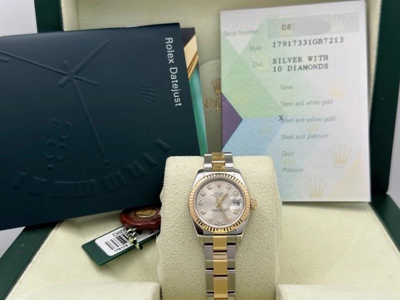 Rolex Ladies Datejust 179173 26mm Silver Diamond Dial 18k Gold Steel Box Paper: Condition: Pre-owned - Excellent,Bezel Color: Gold, Yellow,Indices: Diamond Markers,Year Manufactured: 2000-2009,Band/Strap: Rolex Oyster,Case Color: Silver,Department: Women,Bezel Type: Fluted,Watch 