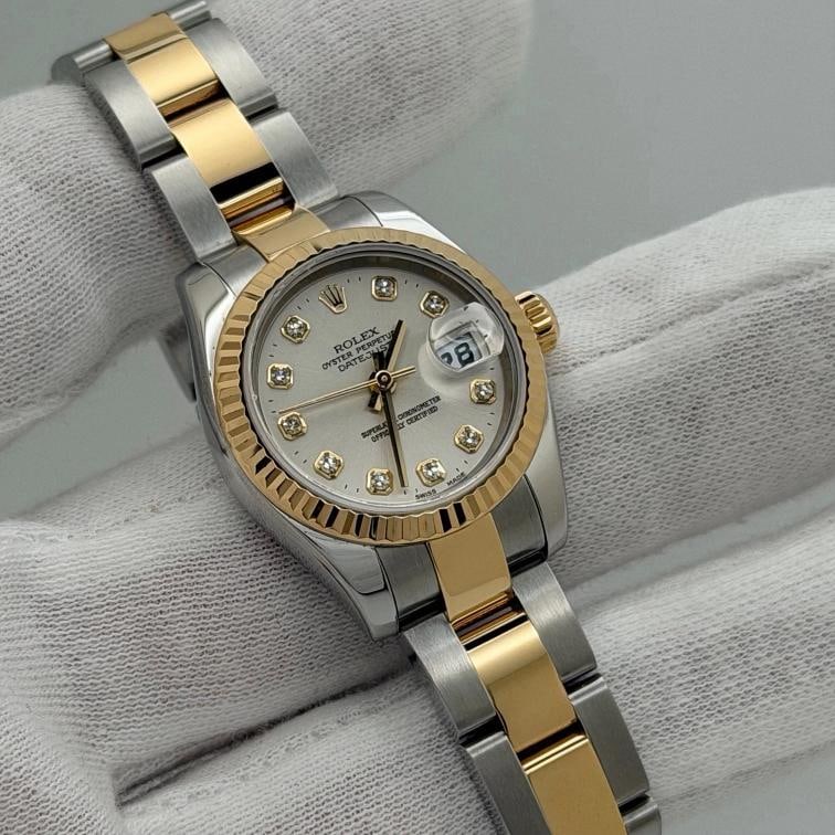 Rolex Ladies Datejust 179173 26mm Silver Diamond Dial 18k Gold Steel Box Paper - 2