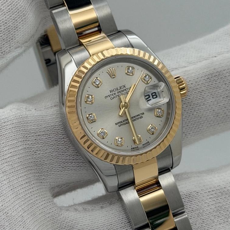 Rolex Ladies Datejust 179173 26mm Silver Diamond Dial 18k Gold Steel Box Paper - 3