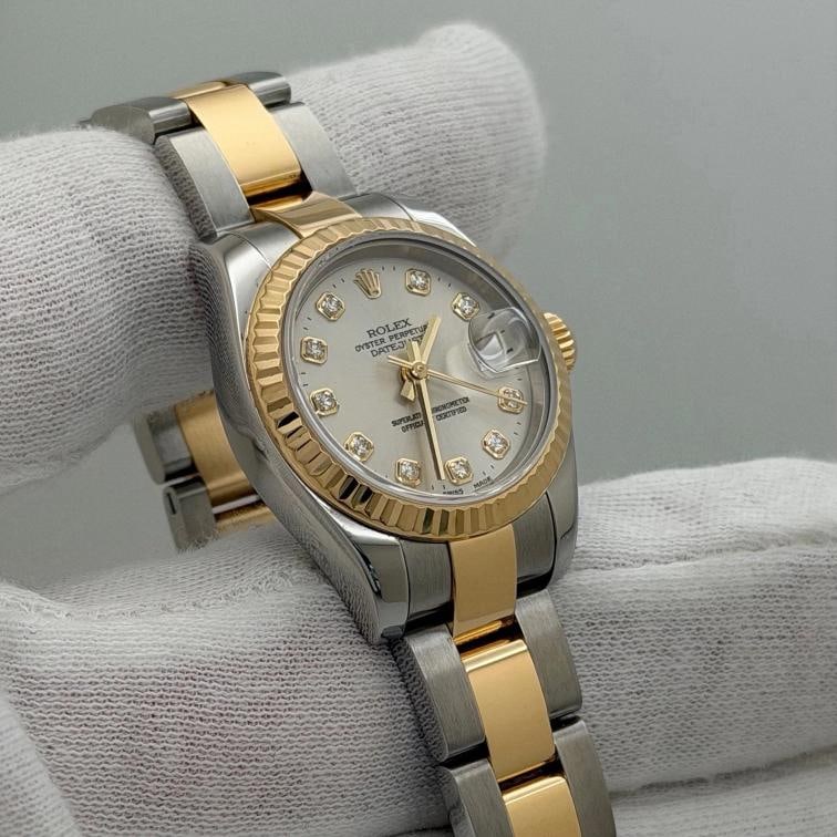 Rolex Ladies Datejust 179173 26mm Silver Diamond Dial 18k Gold Steel Box Paper - 4