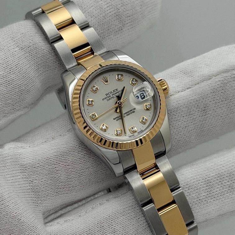 Rolex Ladies Datejust 179173 26mm Silver Diamond Dial 18k Gold Steel Box Paper - 5