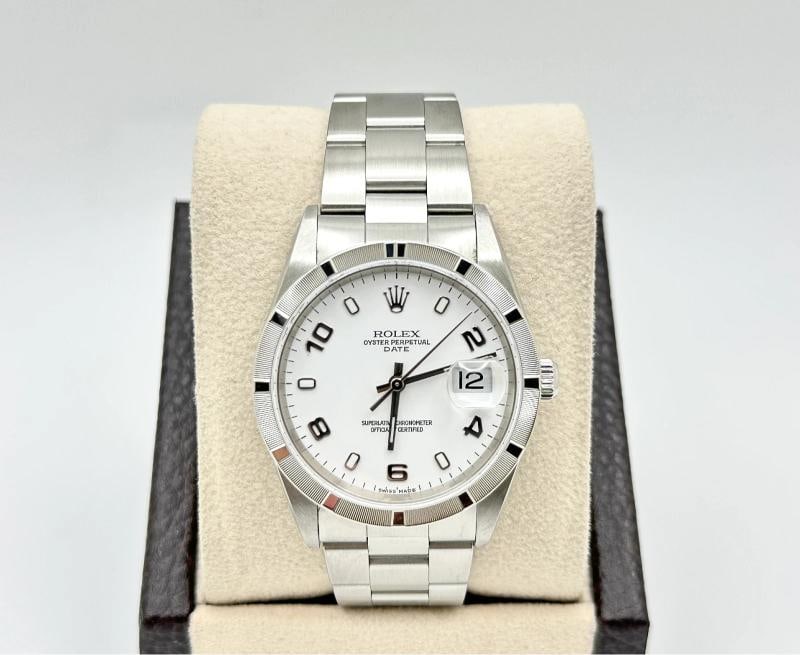 2004 Rolex Date 15210 34mm White Arabic Dial Engine Turned Bezel Steel Box Paper - 2