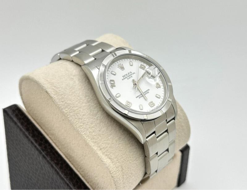 2004 Rolex Date 15210 34mm White Arabic Dial Engine Turned Bezel Steel Box Paper - 5