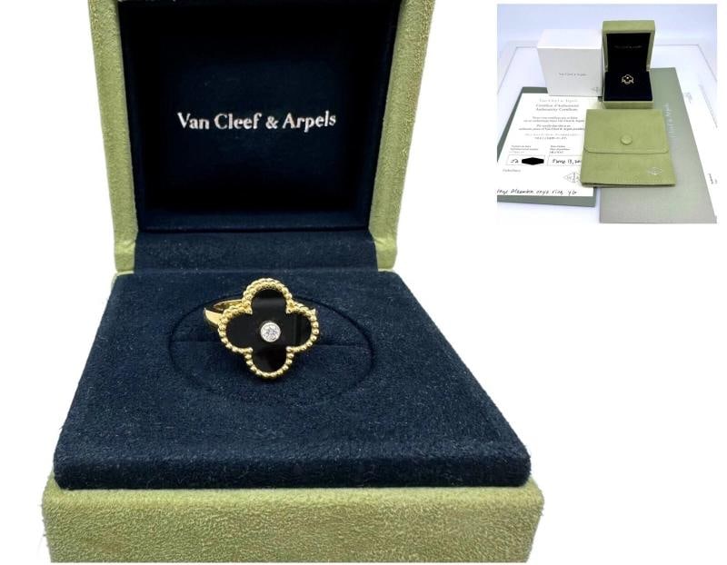 Van Cleef & Arpels Vintage Alhambra Black Onyx Diamond Ring 18k Gold COA Box: Condition: Pre-owned - Excellent,Number of Diamonds: 1,Main Stone Creation: Natural,Signed: Yes,Color: Black,Main Stone Color: White/Colorless,Metal: Yellow Gold,Total Carat Weight: 0.06 cts,Secondary