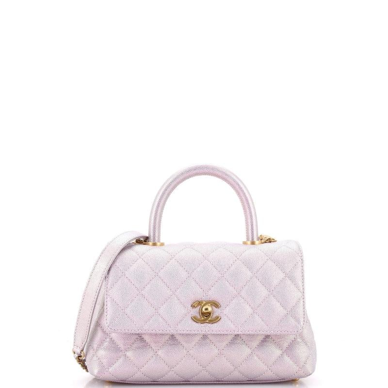 Chanel Coco Top Handle Bag Quilted Iridescent Caviar Mini: Condition: Pre-owned - Excellent,Brand: Chanel,Exterior Material: Leather,Style: Top Handle,Exterior Color: Pink,Department: Women,Size: Mini,Accessories: With Strap