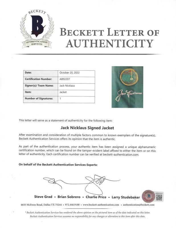 JACK NICKLAUS SIGNED THE MASTERS GREEN JACKET AUGUSTA NATIONAL BECKETT COA 1986 - 3
