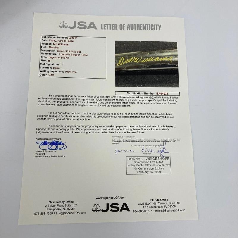 Ted Williams Signed Triple Crown Commemorative Baseball Bat JSA COA - 2