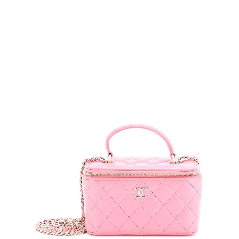 Chanel Classic Top Handle Vanity Case with Chain Quilted Lambskin Small: Condition: Pre-owned - Good,Brand: Chanel,Exterior Material: Leather,Style: Cross Body Bags,Exterior Color: Pink,Department: Women,Size: Small