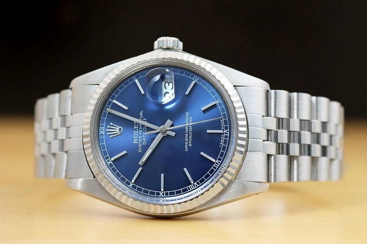 ROLEX MENS DATEJUST 16014 BLUE DIAL 18K WHITE GOLD STAINLESS STEEL WATCH - 2