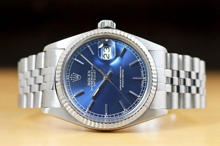ROLEX MENS DATEJUST 16014 BLUE DIAL 18K WHITE GOLD STAINLESS STEEL WATCH - 3