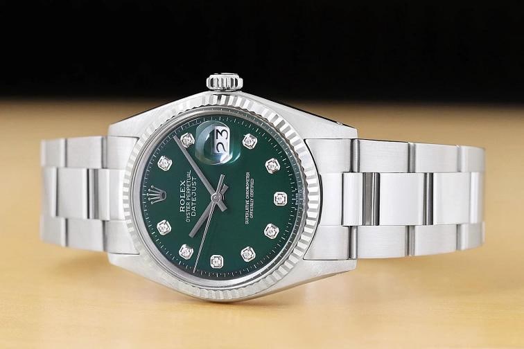 ROLEX MENS DATEJUST GREEN DIAMOND DIAL 18K WHITE GOLD STEEL WATCH w/ OYSTER BAND - 2