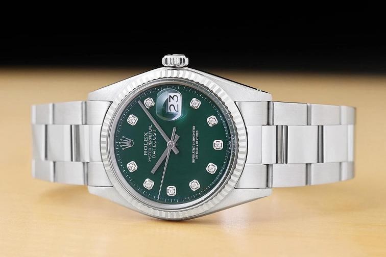 ROLEX MENS DATEJUST GREEN DIAMOND DIAL 18K WHITE GOLD STEEL WATCH w/ OYSTER BAND - 3