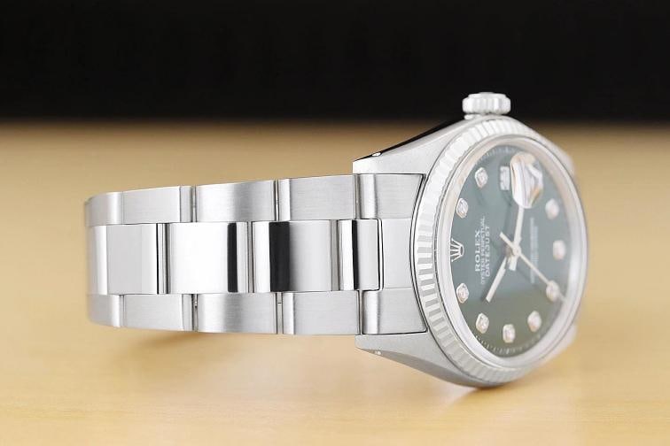 ROLEX MENS DATEJUST GREEN DIAMOND DIAL 18K WHITE GOLD STEEL WATCH w/ OYSTER BAND - 7