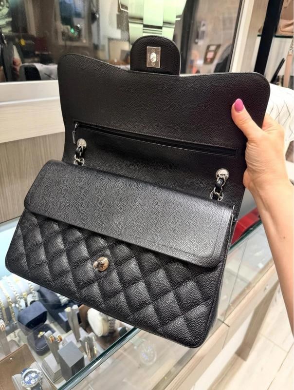 Chanel Jumbo Classic Double Flap Bag Black Quilted Caviar Silver (2017-2018) - 13