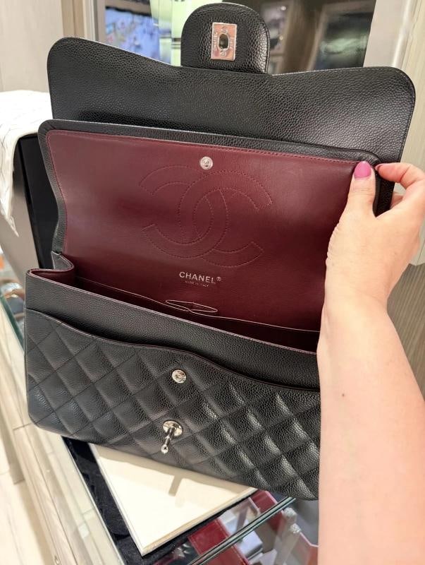 Chanel Jumbo Classic Double Flap Bag Black Quilted Caviar Silver (2017-2018) - 14