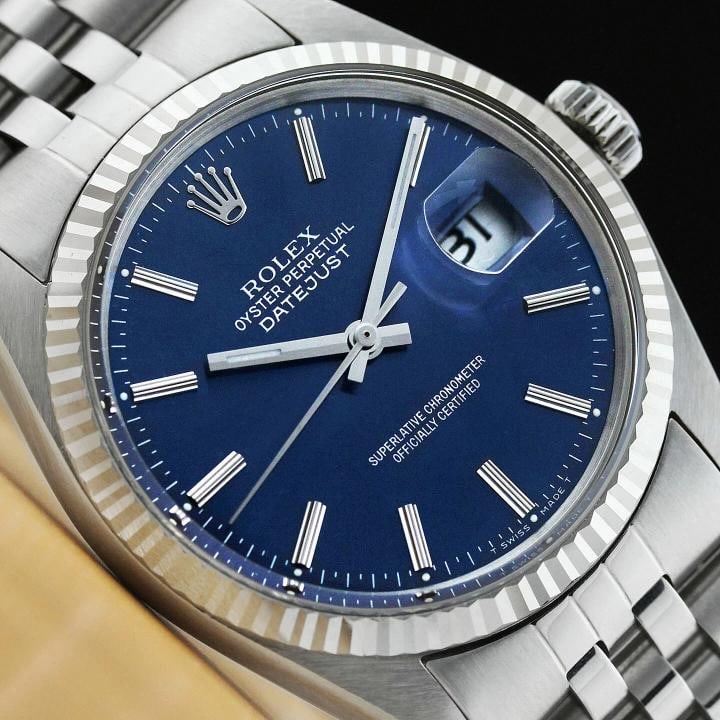 ROLEX MENS DATEJUST 16014 BLUE 18K WHITE GOLD STAINLESS STEEL QUICKSET WATCH: Brand: Rolex Model: Datejust Reference: 16014 Gender: Men's Case Diameter: 36mm Features: Dial: Rolex Stick Dial Ref. Bezel: Rolex 18K White Gold Fluted Bezel Crystal: Acrylic Crystal Case: Rolex