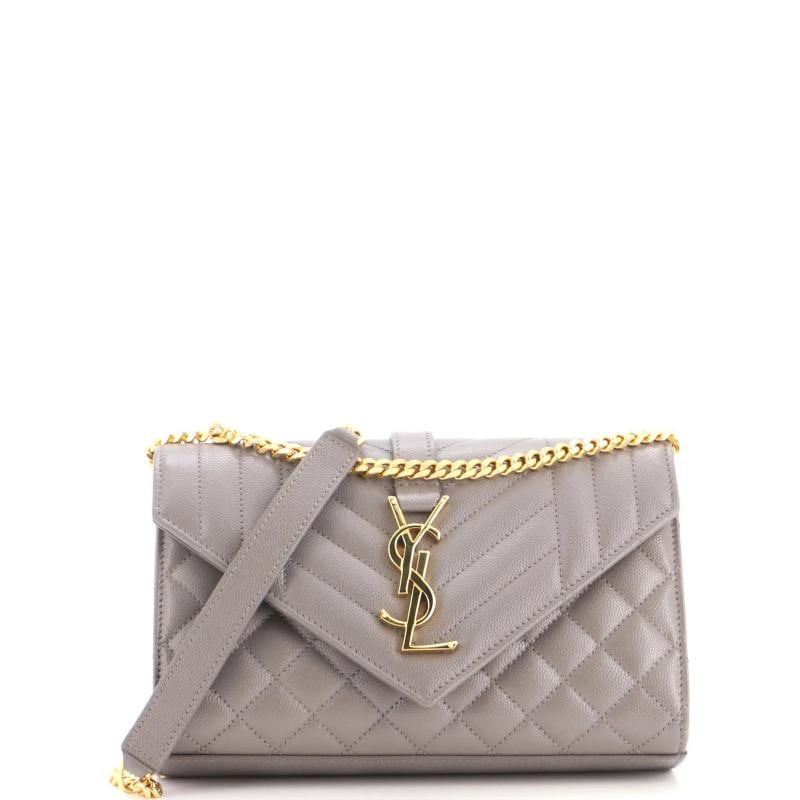 Saint Laurent Classic Monogram Envelope Satchel Mixed Matelasse Leather Small: Measurements: Handle Drop 11", Height 5", Width 8", Depth 2.5", Strap Drop 22"