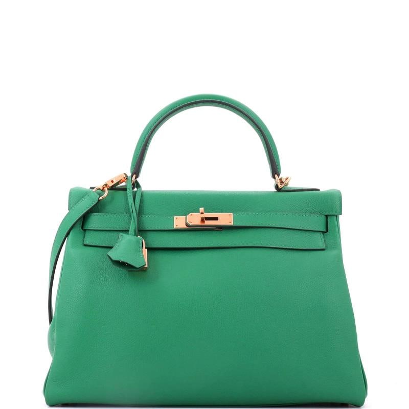 Hermes Kelly Handbag Green Evercolor with Gold Hardware 32: Accessories: Lock, Clochette, Keys, Dust Bag, With Strap Measurements: Height 9", Width 12", Depth 4"