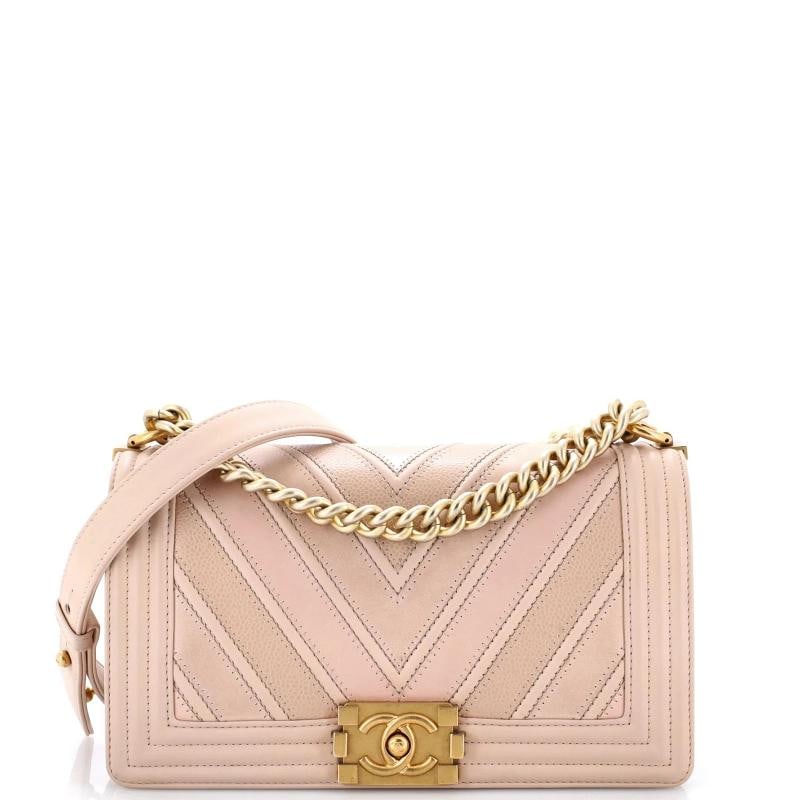 Chanel Boy Flap Bag Chevron Caviar and Calfskin Old Medium: Accessories: Dust Bag Measurements: Handle Drop 11.5", Height 6", Width 10", Depth 3", Strap Drop 20"